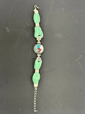 Turkish Ottoman Inspired Green Silk Bracelet with İznik Ceramic Tulip Cabochon